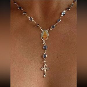 Elegant Gold and Blue Cross Necklace, Rosary Necklace
